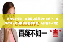 广州市私家侦探：在上海这座繁华的都市中，私家侦探公司如同隐秘的守护者，为那些寻求真相的人们提供着专业服务。那么，如何评价上海私家侦探公司呢？今天，我们就来聊聊这个话题。