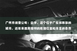 广州市调查公司:云浮,这个位于广东省西部的城市,近年来因其独特的地理位置和丰富的自然资源而备受关注。然而,对于很多人来说,云浮还有一个更为熟悉的名字——催收重镇。那么,云浮究竟是如何成为催收行业的聚集地的呢?今天,我们就来聊聊这个话题。 广州市调查公司:云浮,这个位于广东省西部的城市,近年来因其独特的地理位置和丰富的自然资源而备受关注。然而,对于很多人来说,云浮还有一个更为熟悉的名字——催收重镇。那么,云浮究竟是如何成为催收行业的聚集地的呢?今天,我们就来聊聊这个话题。